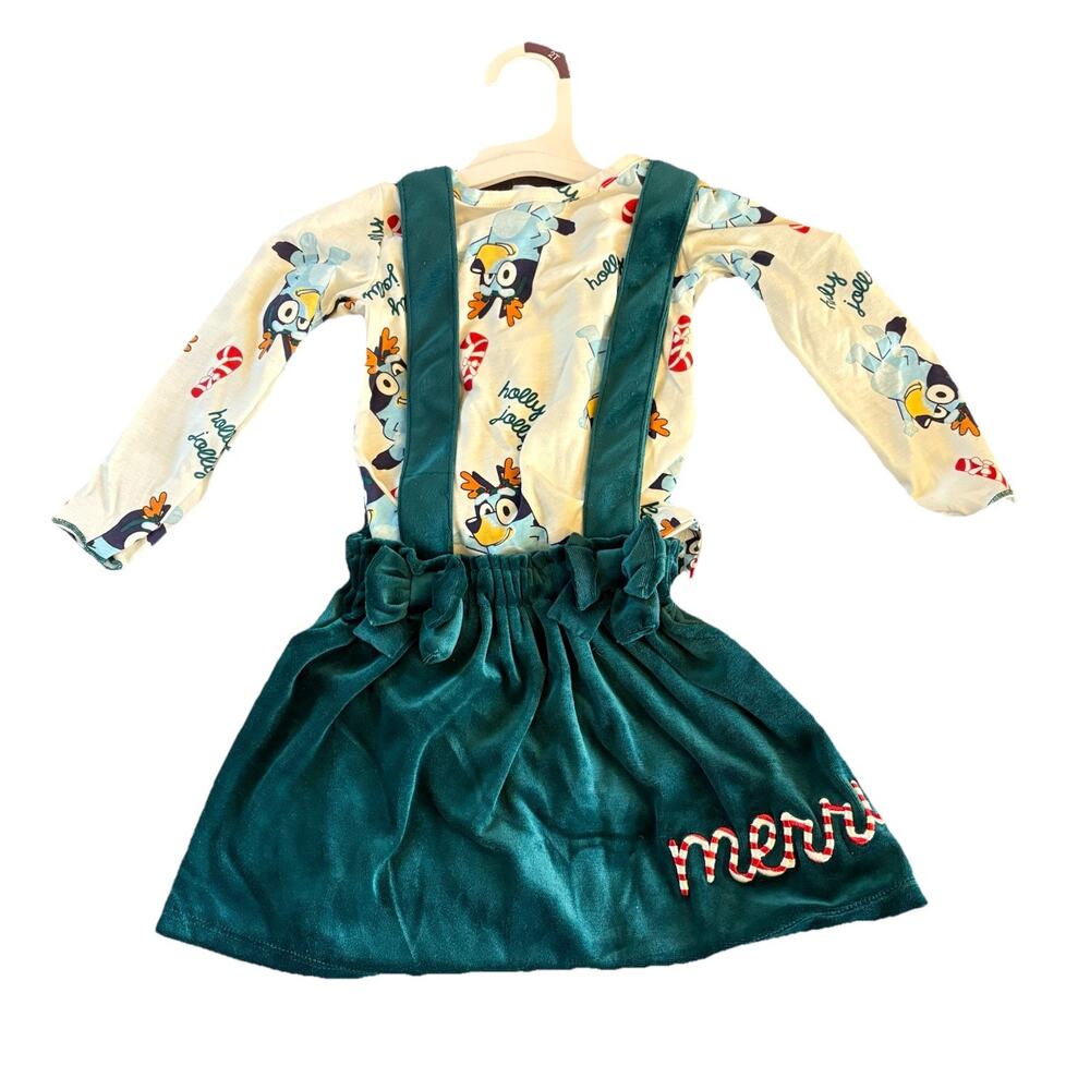 NWT Bluey Toddler Christmas Shirt & Velour Overall Skirt Dress Outfit Size 2T